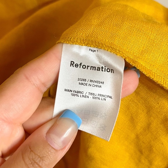 Reformation | 100% Linen Puff Sleeve Bow Tie Mustard Yellow Mini Dress Sz: 6 - Picture 6 of 9